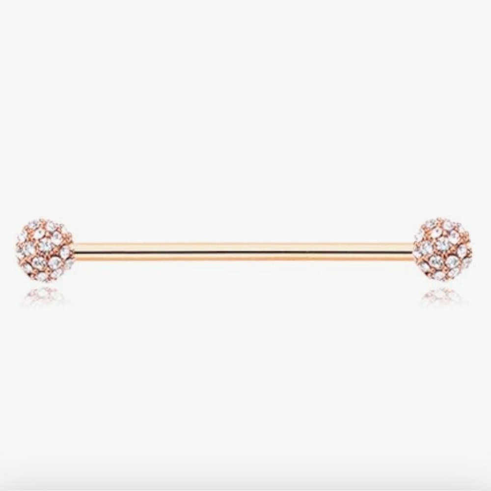 Rose Gold Tone Industrial Barbell 14G 38mm Crystal Pave Disco Ball Ear Piercing